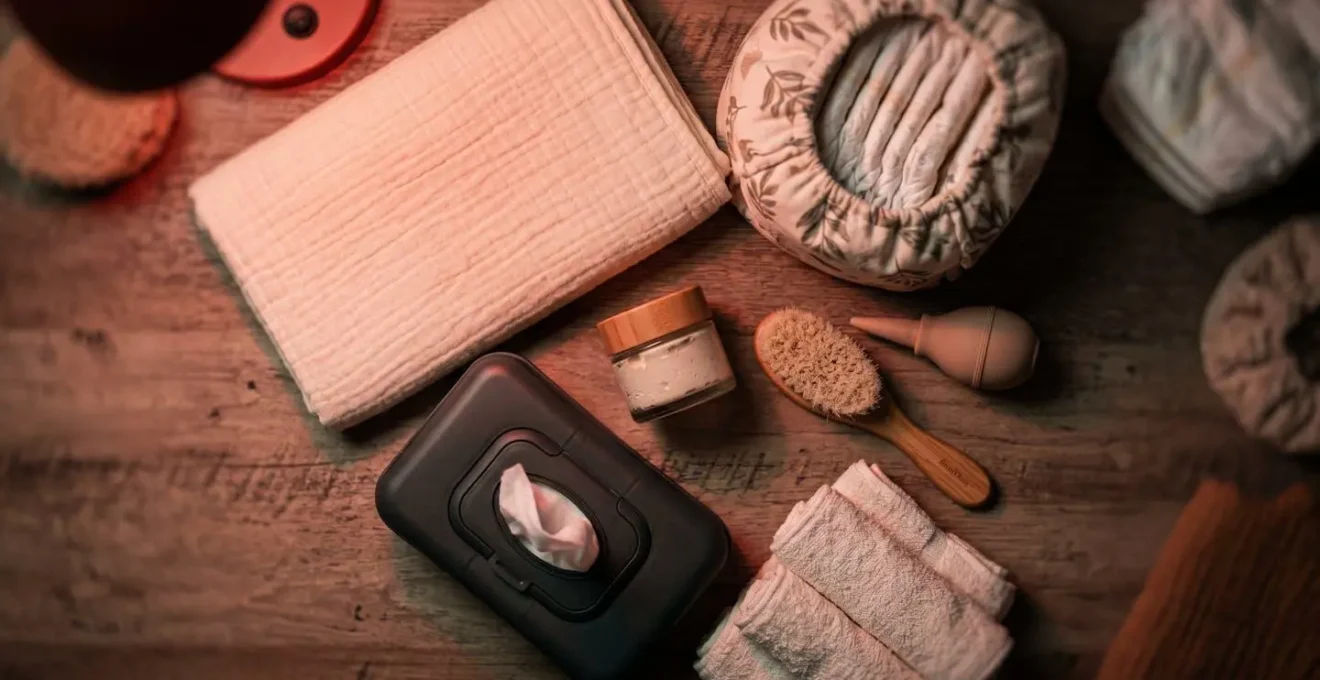 Macro detail view of organized changing station with essential items within arms reach illuminated by dedicated red task light showing textural details