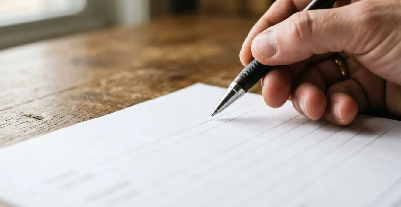 Close-up of parent's hands carefully filling out official government paperwork on wooden table with soft natural daylight