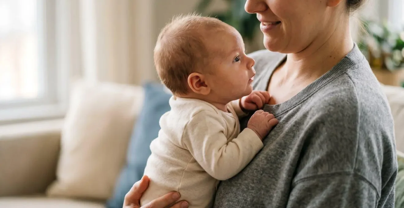 Parent holding baby in upright shoulder position encouraging natural head lifting and neck muscle development