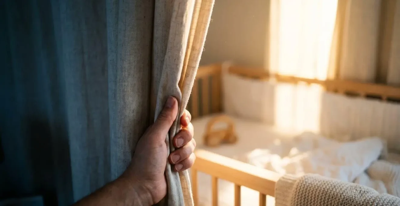 Parent's hand opening bright white curtains in a nursery, flooding the room with golden morning sunlight