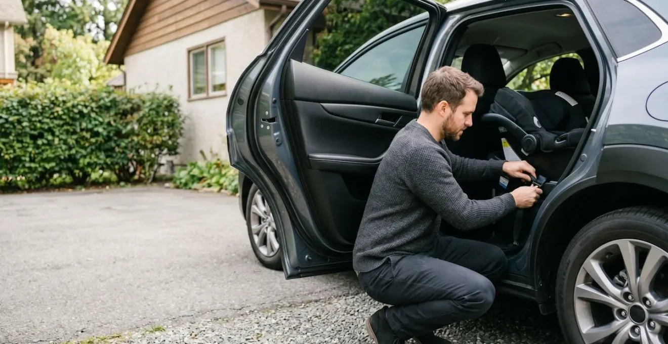 Partner installing infant car seat in vehicle demonstrating domain ownership during pregnancy nesting phase