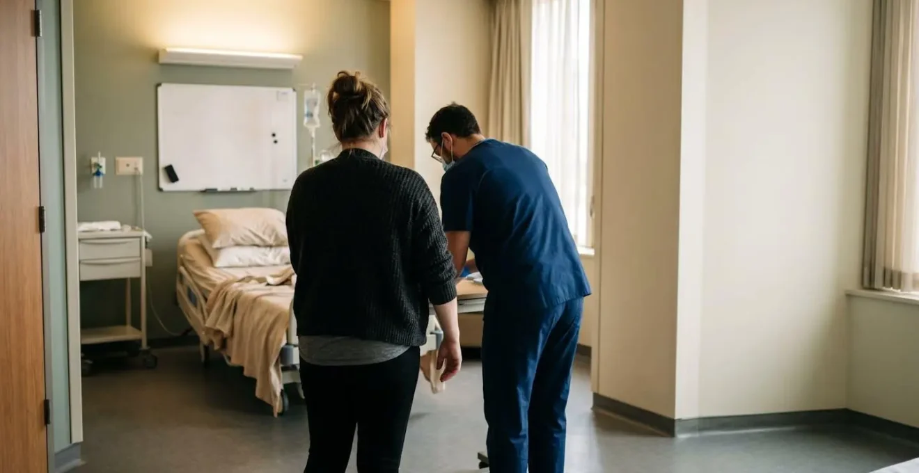 Birth partner in calm focused conversation with medical team in hospital setting