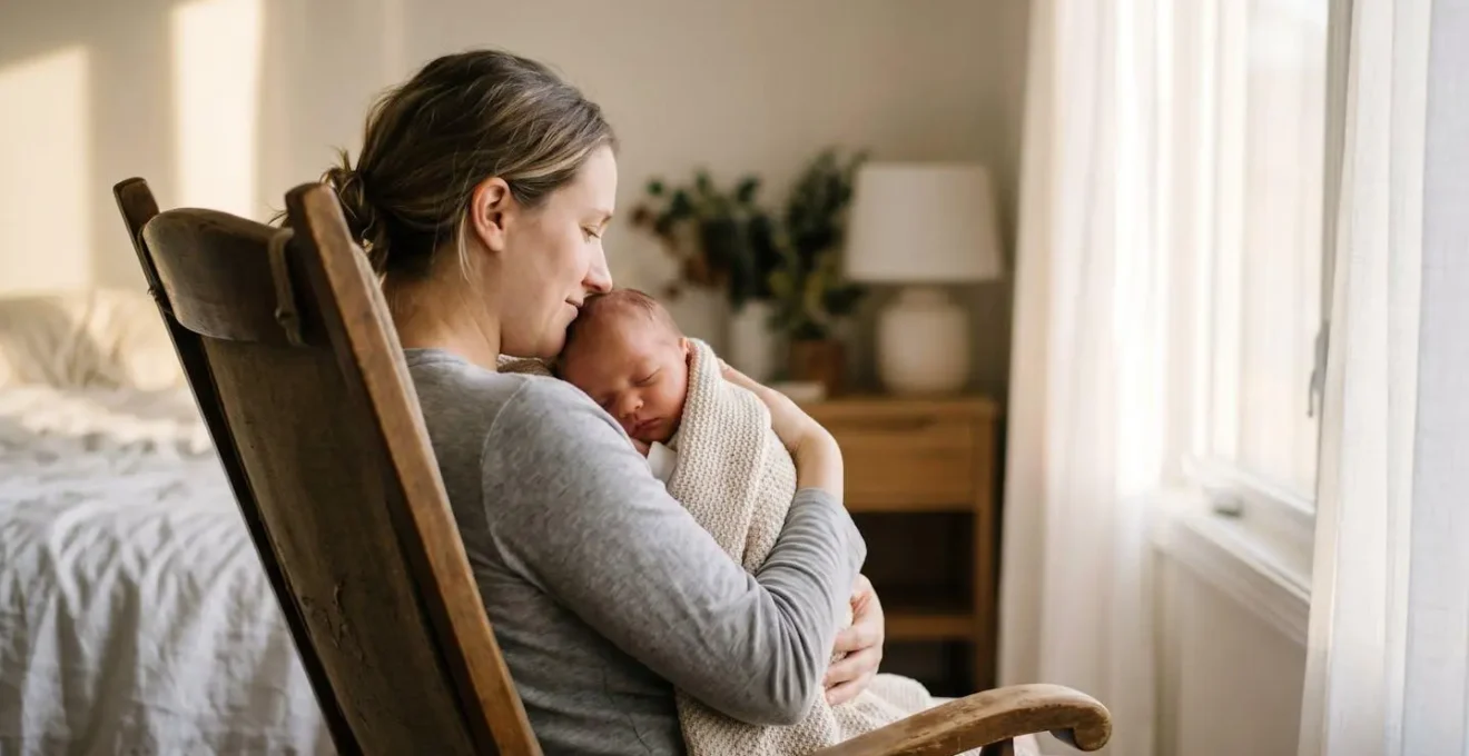Serene early morning scene of new parents creating protected bonding time with newborn