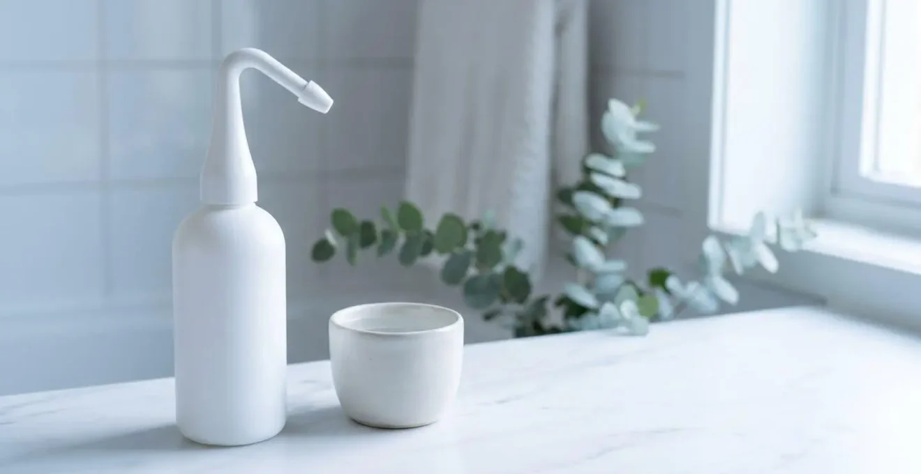Angled peri bottle on clean bathroom surface with warm natural light and botanical elements