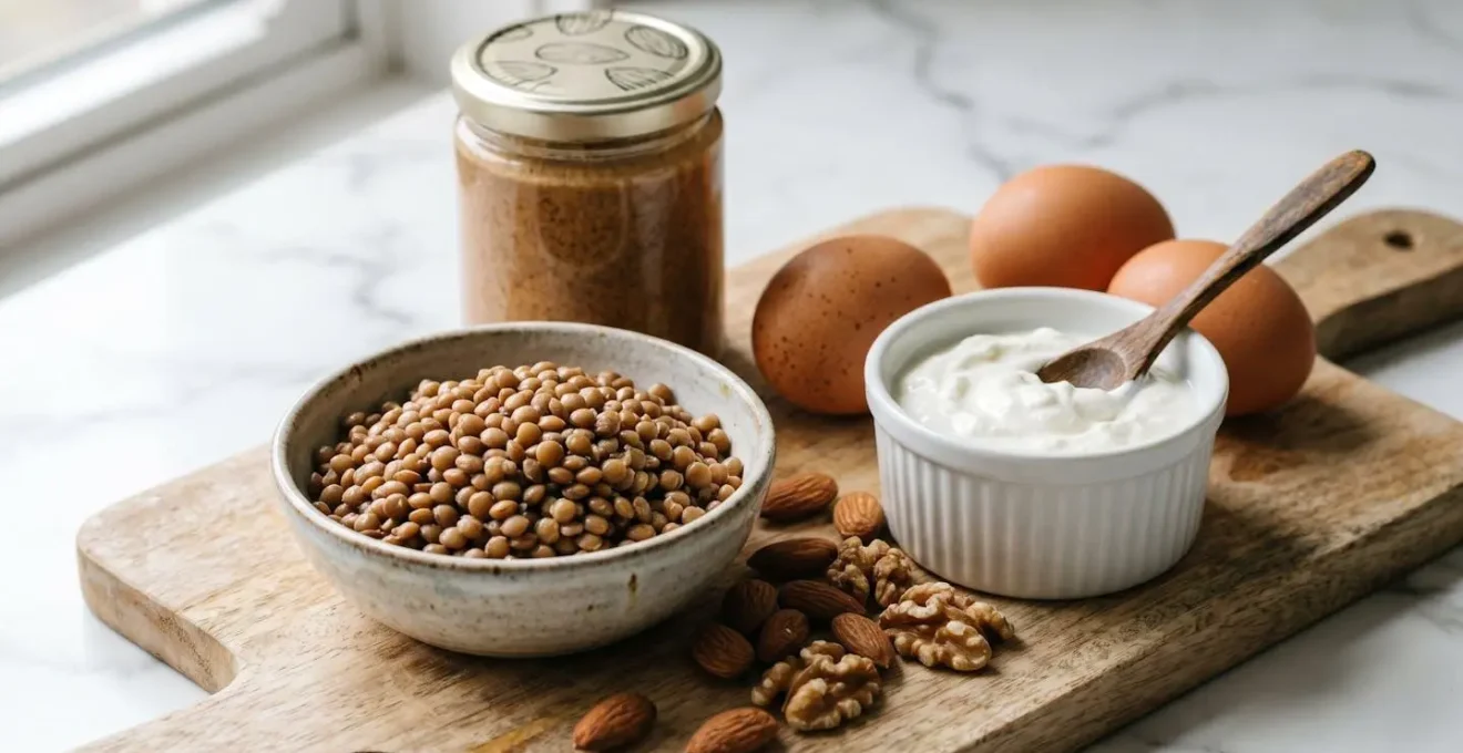 Close-up arrangement of diverse plant-based protein sources including lentils, nuts, yogurt and eggs on a clean kitchen surface