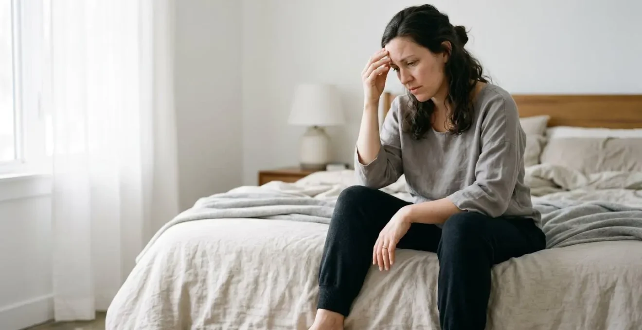 Woman checking temperature with concerned expression during postpartum period