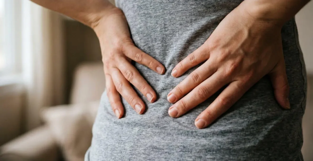 Close-up of pregnant woman's hands gently touching lower back showing area affected by relaxin hormone during late pregnancy