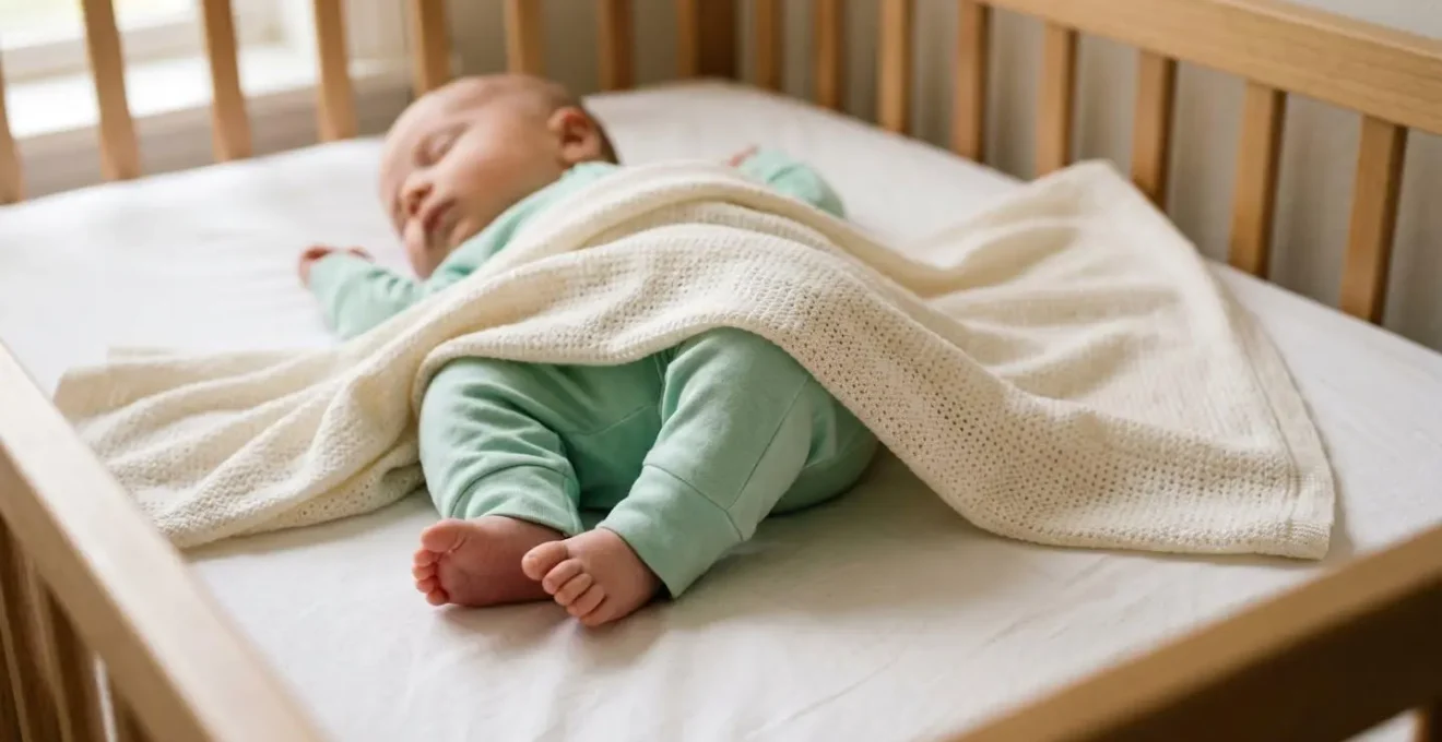 Safe infant sleep setup demonstrating feet-to-foot position in cot with proper bedding arrangement