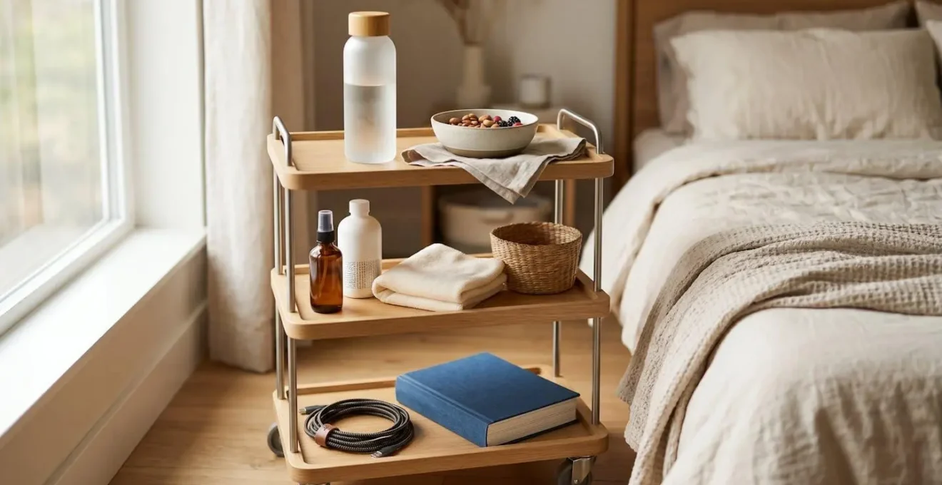 Organized bedside recovery station with distinct zones for hydration, physical recovery, and mental health support
