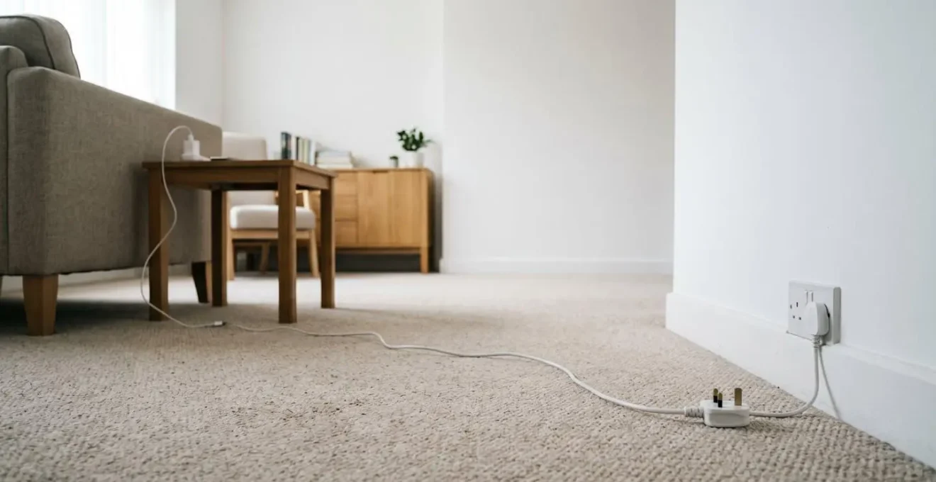Environmental view from a toddler's eye level showing a UK living room with trailing cables and accessible appliances, demonstrating real household electrical risks